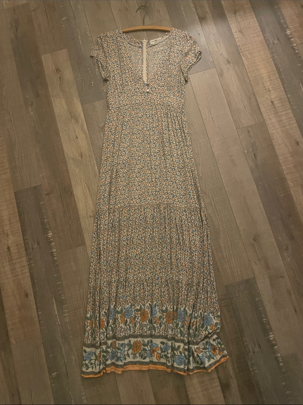 NATURAL LIFE Floral Boho Maxi Dress in Blue and Cream with Orange Accents